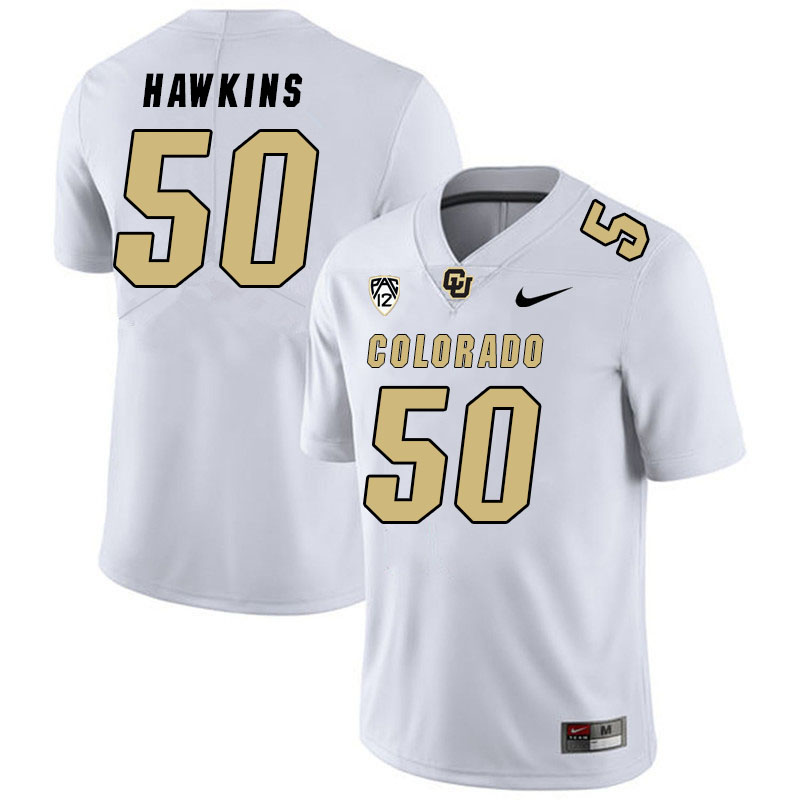 Men #50 J.J. Hawkins Colorado Buffaloes College Football Jerseys Stitched Sale-White - Click Image to Close